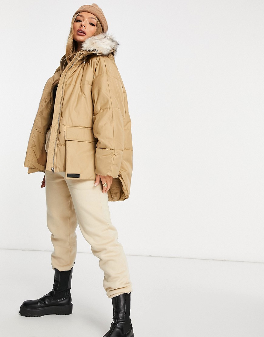 Sixth June Oversized Puffer Jacket With Faux-fur Hood-neutral