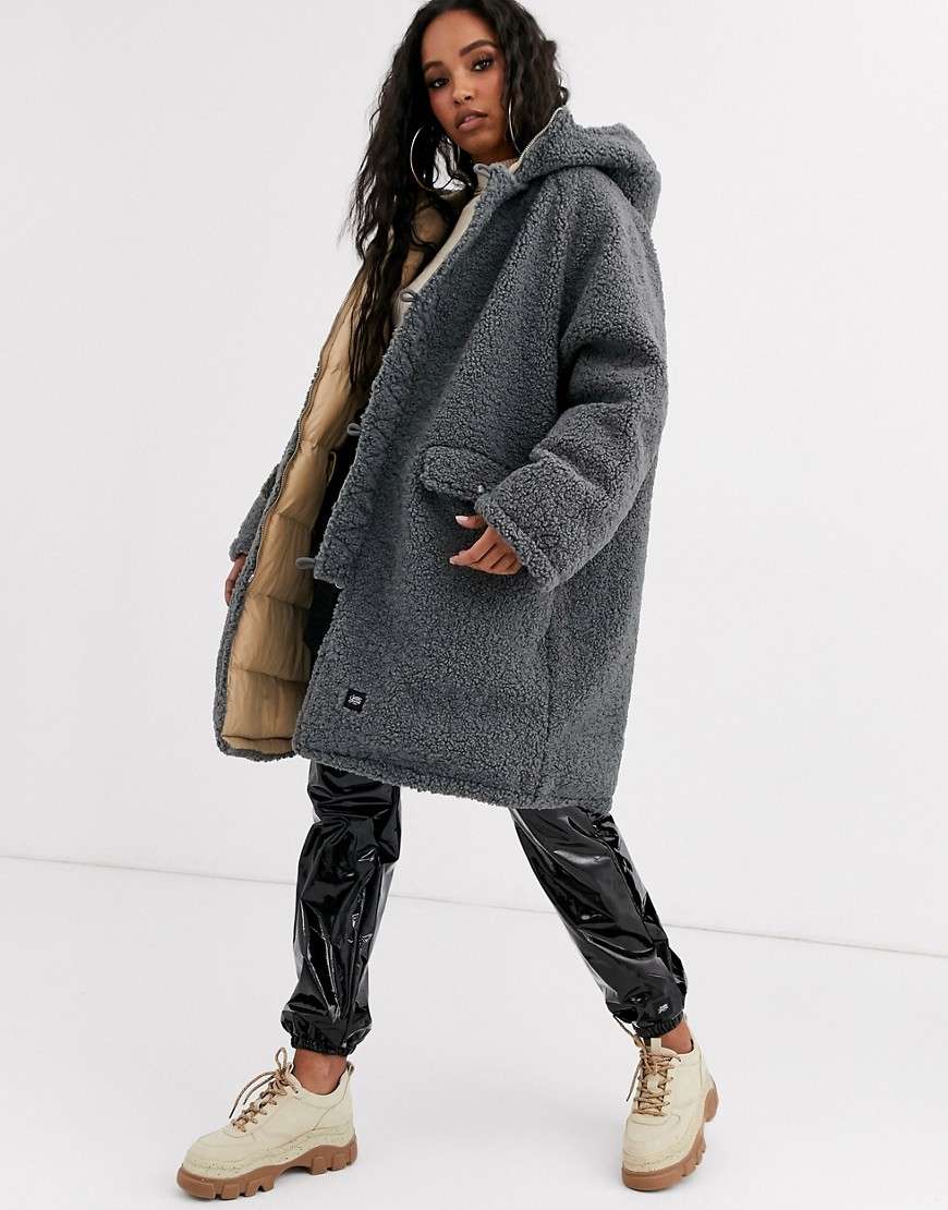 Sixth June oversized reversible longline padded coat with teddy fur-Brown