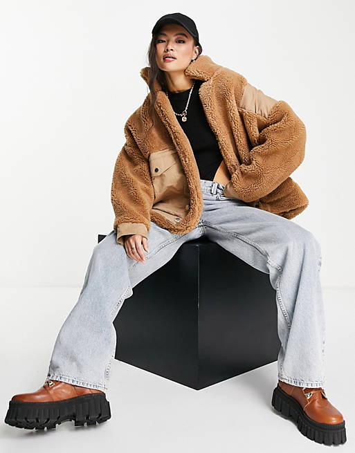Sixth June oversized sherpa coat with contrast pockets