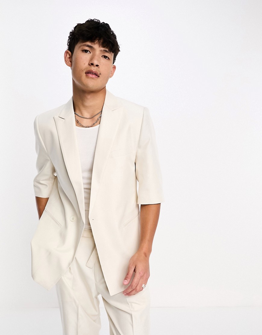Sixth June oversized short sleeve suit jacket in cream-Grey