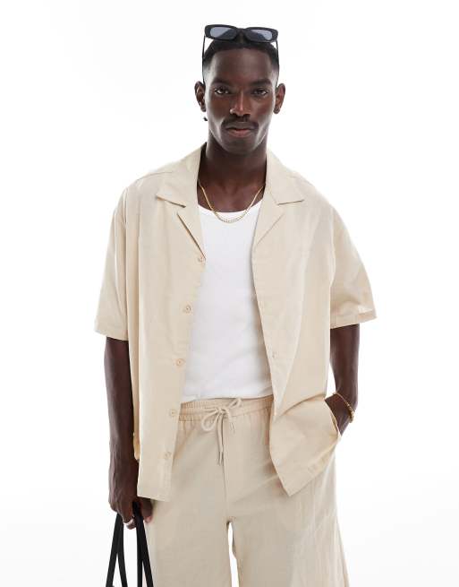 Sixth June - Oversized skjorte med korte ærmer i beige hør - Del af sæt