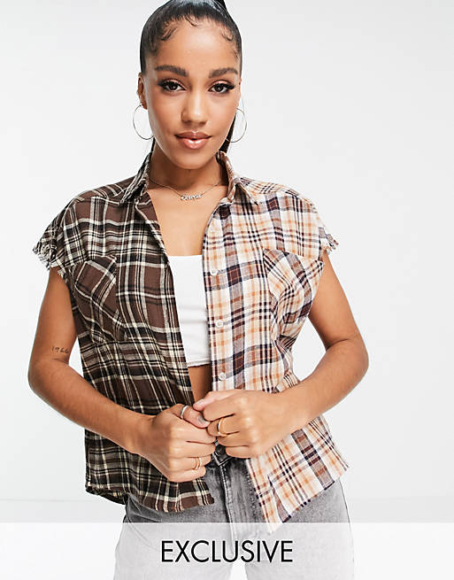 Sixth June oversized sleeveless flannel shirt in brown check mix