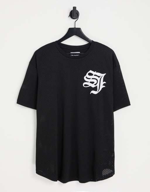 Sixth June oversized T-shirt in black mesh with gothic logo print - part of a set