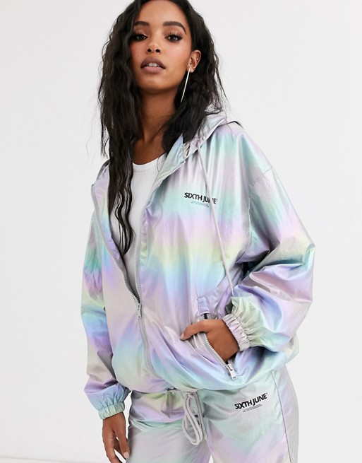 Sixth June oversized tracksuit top in metallic rainbow co-ord