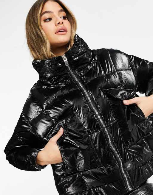 Black puffer vinyl outlet jacket