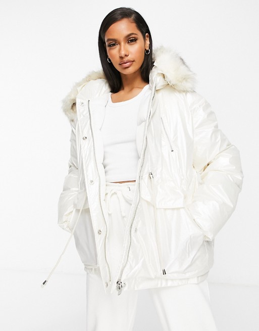 Sixth June oversized vinyl puffer jacket with faux fur hood