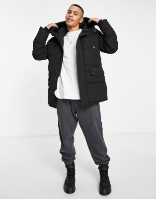 Sixth June Padded Long Parka Jacket In Black