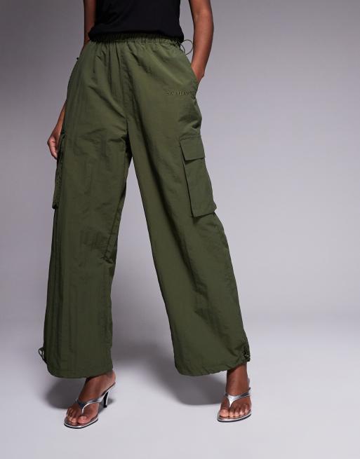 Girls Khaki High Waist Parachute Trousers