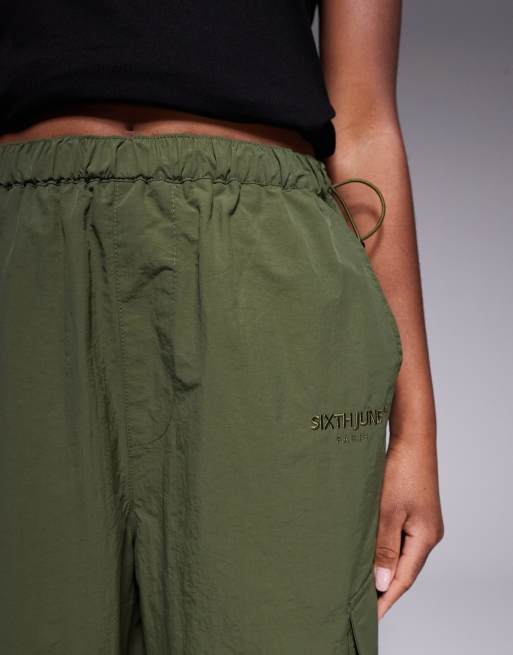 Sixth June parachute pants with tonal embroidery in khaki | ASOS