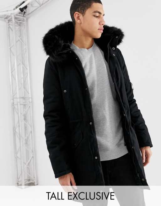 Sixth June parka coat in black with black faux fur hood exclusive to ASOS