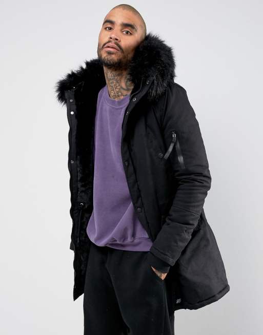 Sixth june parka coat in black with black on sale faux fur hood