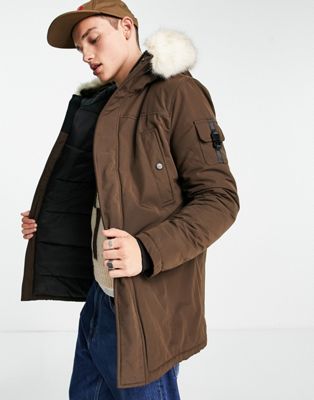 Sixth June parka jacket in brown with fur hood and buckle detail