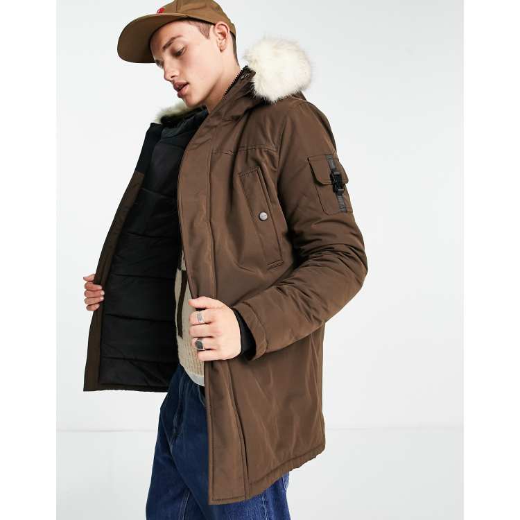 Sixth June parka jacket in brown with fur hood and buckle detail 