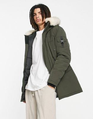 Sixth June parka jacket in khaki with faux fur hood and buckle detail