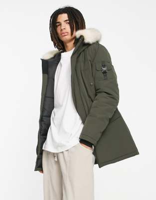 parka jacket in khaki with faux fur hood and buckle detail-Green