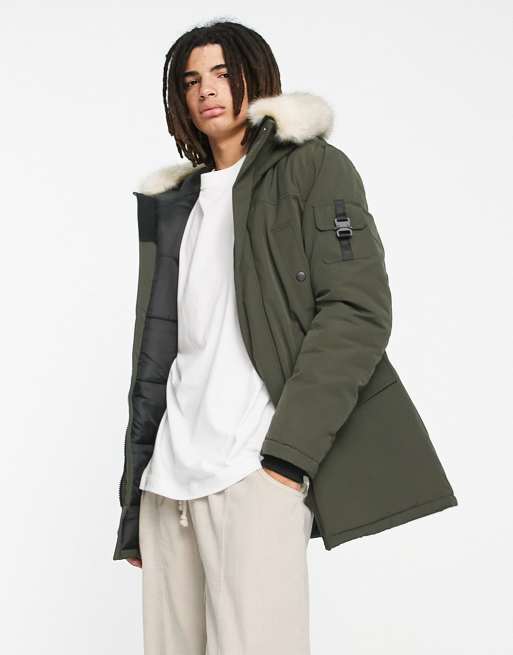 Sixth June parka jacket in khaki with faux fur hood and buckle