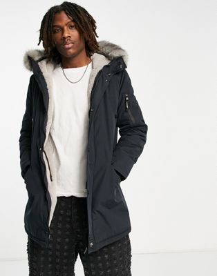 Sixth June parka jacket in navy with fur hood
