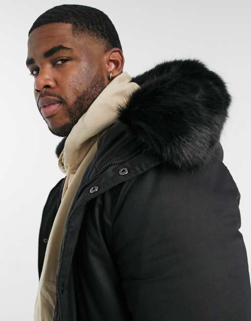 Sixth june parka coat in store black with black faux fur hood