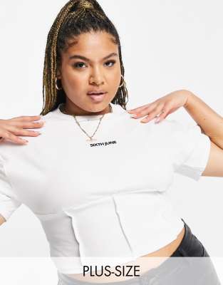 Sixth June Plus Sixth June Plus crop t-shirt with corset waist detail and front logo-White