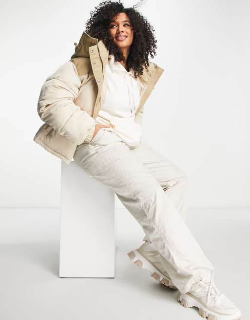 Sixth June Plus high neck cropped puffer jacket in stone contast