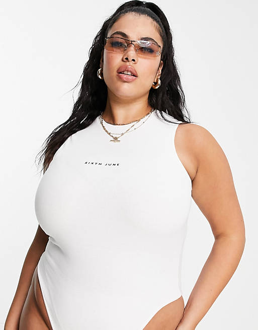 Women Sixth June Plus high neck racer body in rib with front logo 
