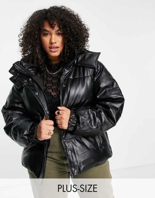 Sixth June Plus oversized cropped puffer with hood in faux leather