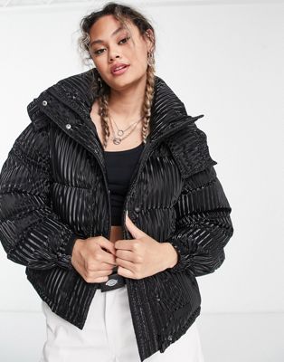 Sixth June Plus oversized hooded puffer jacket in ribbed iridescent effect - ASOS Price Checker