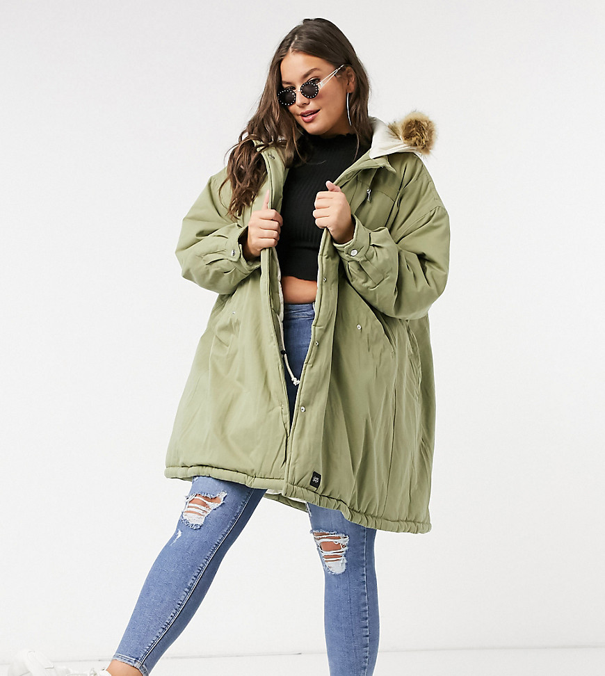 Sixth June Plus oversized parka coat with faux fur hood-Green