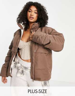 Sixth June Plus oversized puffer coat with contrast lining-Brown, £52.00