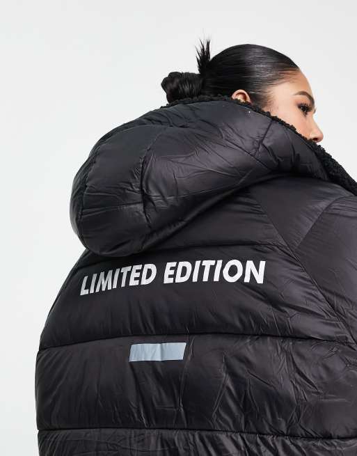 Sixth June Plus oversized reversible longline puffer coat with sherpa