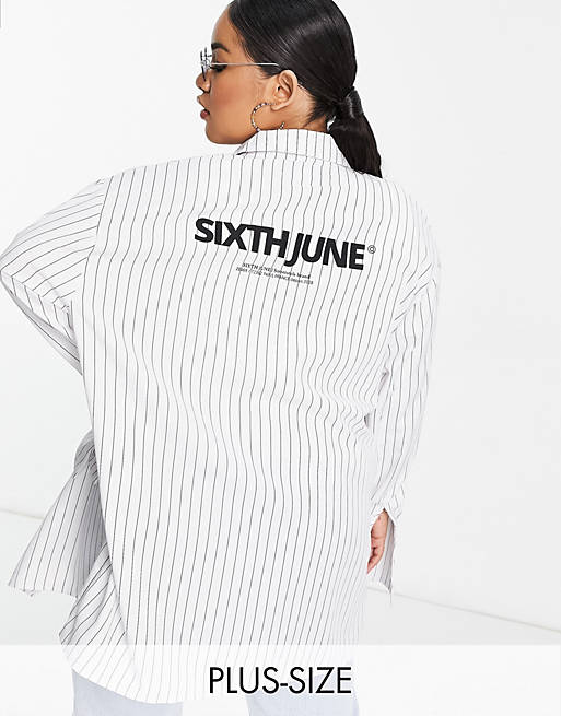 Sixth June Plus oversized shirt with back logo in pinstripe co-ord