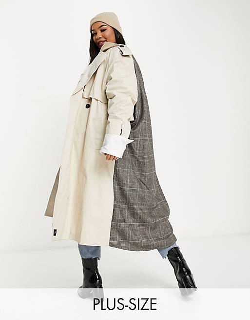 Sixth June Plus oversized trench coat with plaid back panel