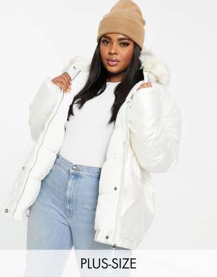 Sixth June Plus oversized vinyl puffer jacket with faux fur hood-White