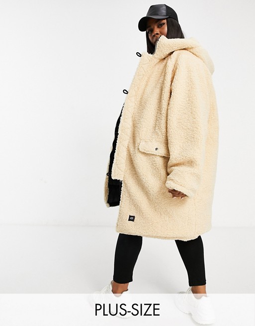 Sixth June Plus reversible oversized puffer coat in borg with hood