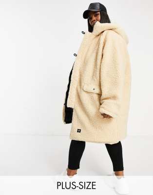 Sixth June Plus reversible oversized puffer coat in teddy with hood-Neutral