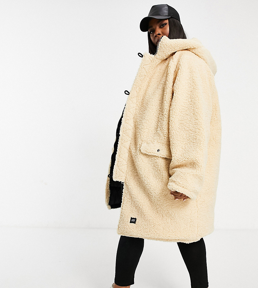 Sixth June Plus reversible oversized puffer coat in teddy with hood-Neutral