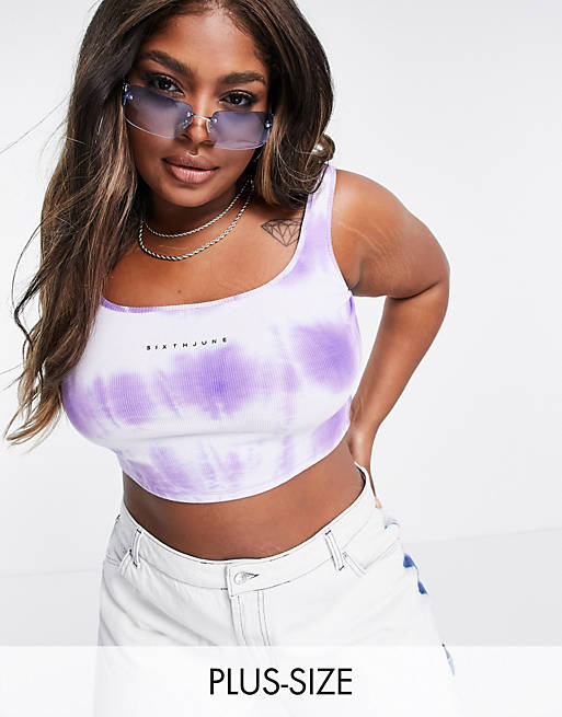 Sixth June Plus square neck crop top in lilac tie-dye co-ord