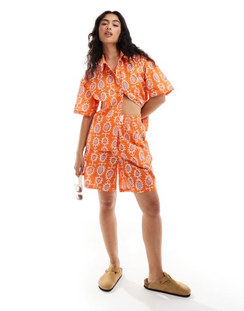 Sixth June printed linen look shirt in orange (part of a set) - view 1