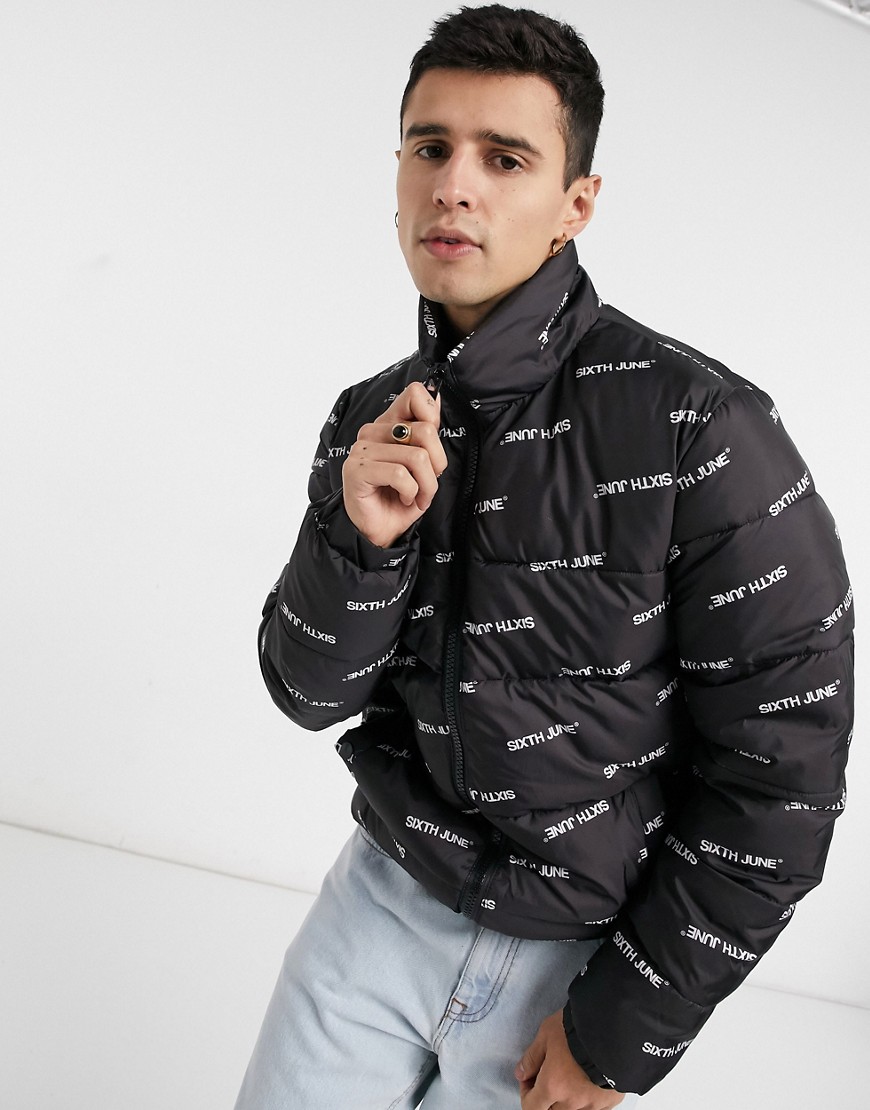 Sixth June puffer jacket with all over logo in black