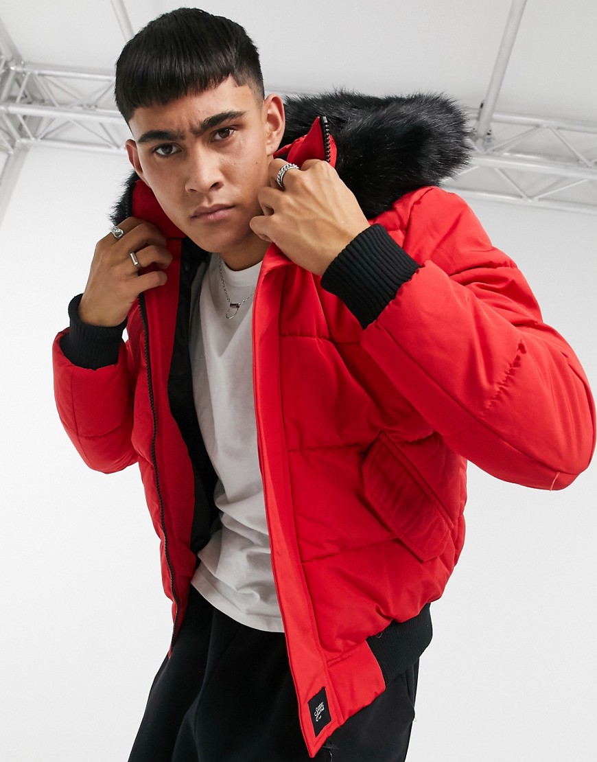 Sixth June puffer jacket with faux fur hood trim in red