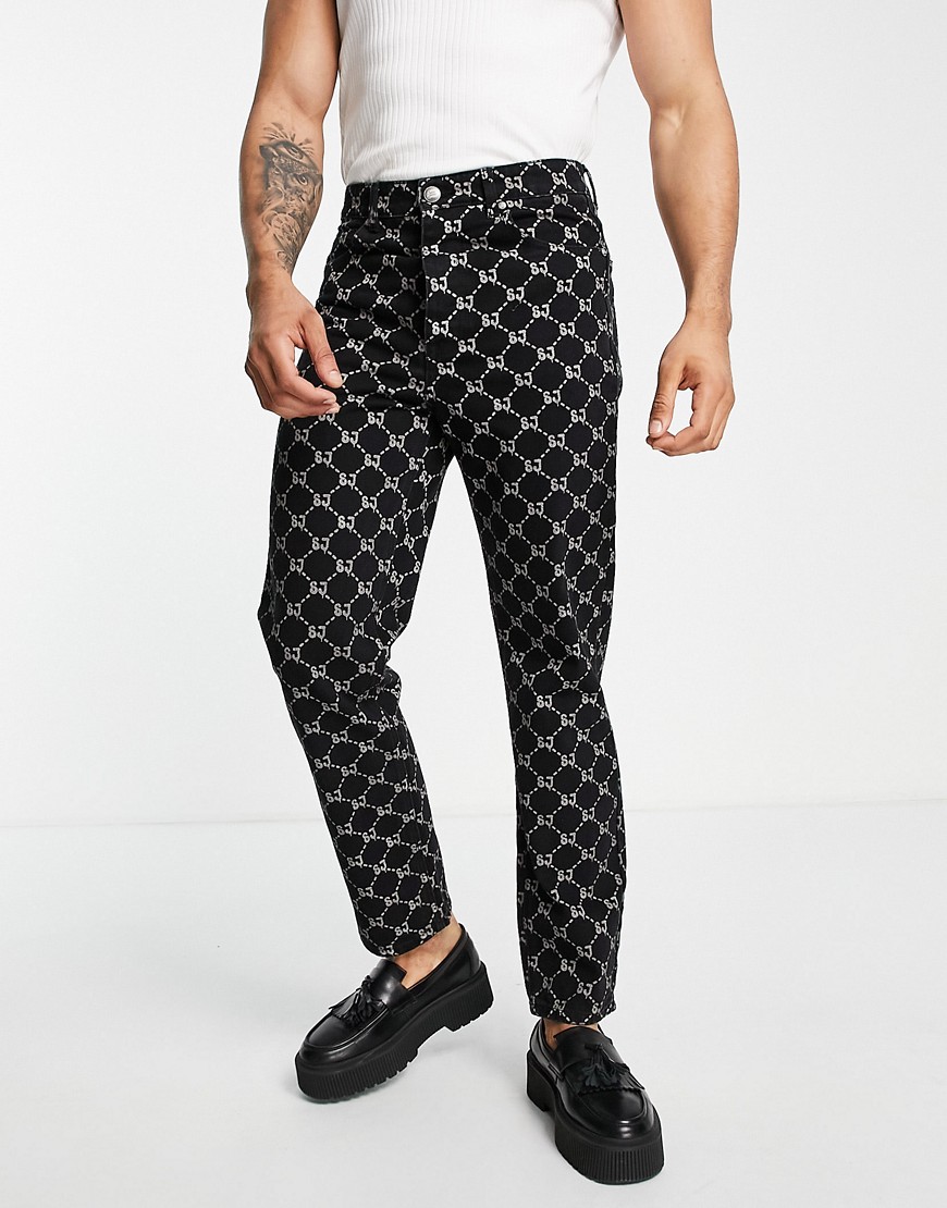 Sixth June Relaxed Fit Denim Jeans In Black With All Over Logo Print