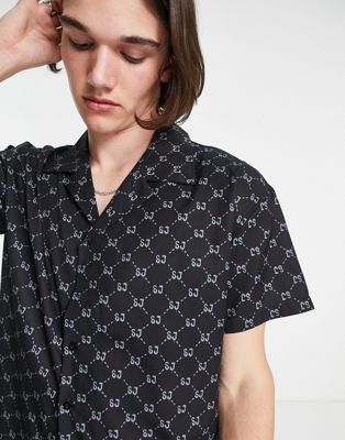 Sixth June revere collared shirt in black with all over logo print