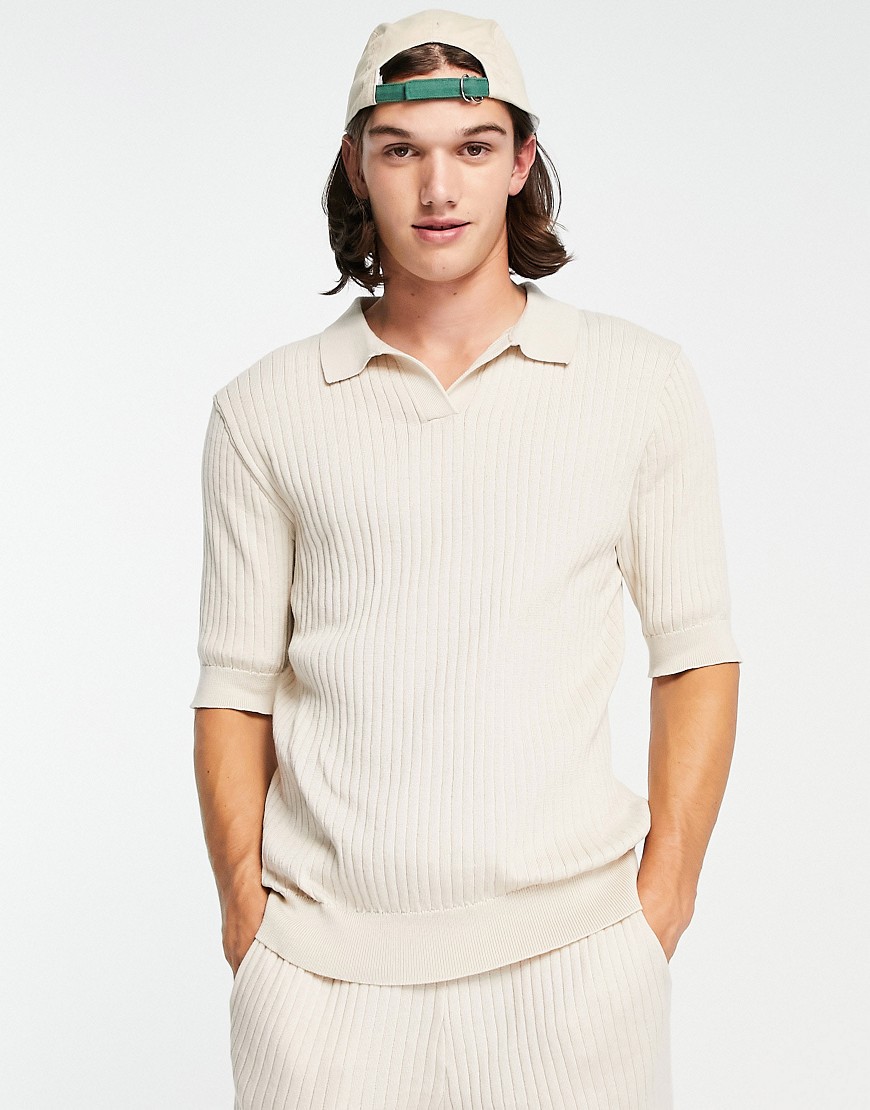 Sixth June rib knitted polo in beige-Neutral
