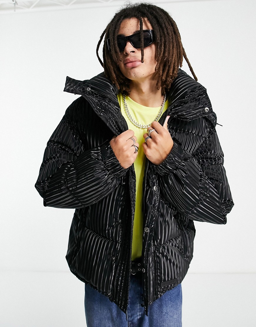 Sixth June Ribbed Iridescent Oversized Puffer Jacket In Black