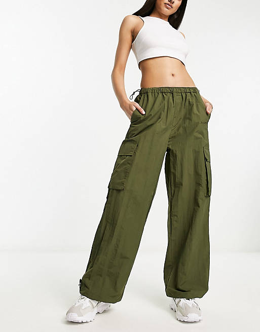 Sixth June ripstop parachute pants with back pocket embroidery in khaki