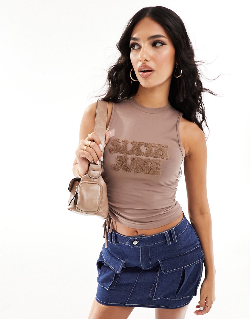 Sixth June Ruched Crop Top In Brown