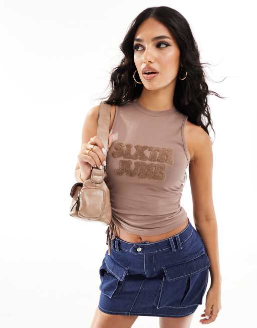 Sixth June ruched crop top in brown