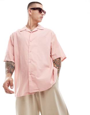 short sleeve oversized linen mix shirt in pink