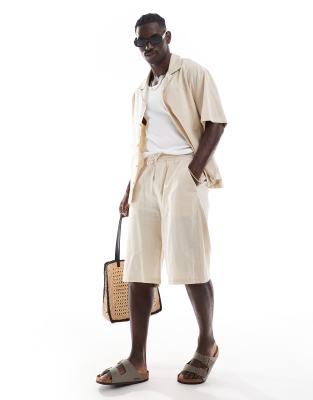 Sixth June Short Sleeve Oversized Linen Shirt In Neutral