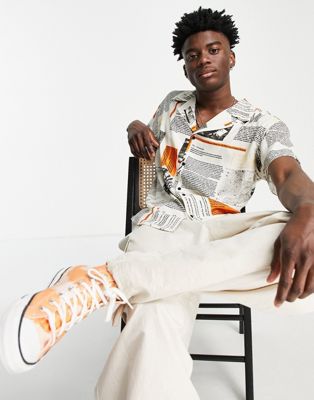 Sixth June short sleeve shirt co-ord in white with map print and revere collar